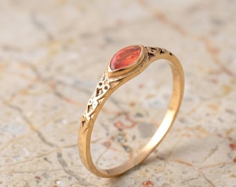 Gold Plated Carnelian Ring, Marquise Orange Gemstone Band, Vintage Filigree Dainty Ring, Boho Chic Artisan Jewelry, Gift for Her