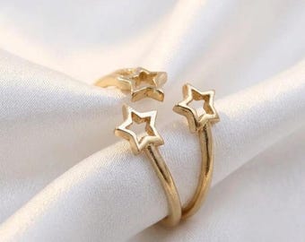 Gold Star Ring, Triple Star Open Band, Celestial Ring, Minimalist Gold Jewelry, Adjustable Statement Ring, Christmas Gift for Her