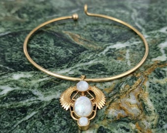 Moonstone Scarab Necklace: Egyptian Moonstone Scarab Choker, Winged Brass Beetle Necklace, Celestial Protection Jewelry,
