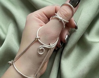 Sterling Silver Thumb Ring Hand Chain Harness Ring Minimalist Slave Bracelet Boho Wire Wrap Finger Splint Ring Gift For Her