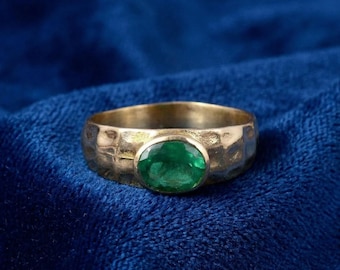 Gold Plated Emerald Ring, Hammered Brass Statement Band, Oval Green Gemstone Ring, Boho Chic Artisan Jewelry, Gift For Her