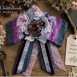 Upcycled Denim Bow Tie Brooch, Purple Patchwork Statement Jewelry, Repurposed Lace Pin