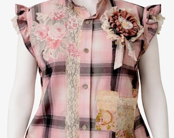 Unique Flying Pig Patchwork Shirt, Cottage Core Pink Plaid Top, Women's US Large, Handmade Patchwork Collage Applique. Removable Brooch