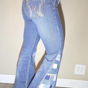 Upcycled Patchwork Bootcut Jeans, Boho Reworked Denim Pants, Lace Trimmed Flared Leg