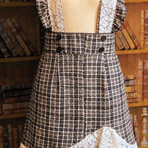 Vintage Plaid Pinafore Dress, Cottage Core Suspender Skirt, Lace Trim Jumper, Upcycled Boho Outfit, Optional Brooch Included, Women’s  US S