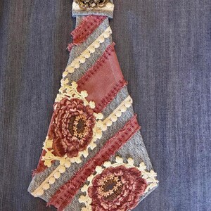 Boho Denim Patchwork Necktie, Upcycled Pink Denim Tie with Floral Lace Appliqué, Romantic Cottage Core Tie, Women’s Boutique Accessory