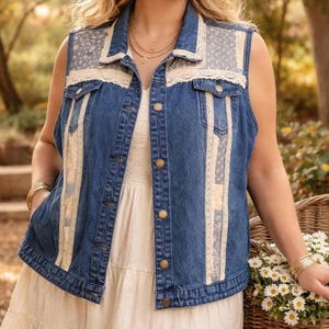 Puede incluir: Un chaleco vaquero sin mangas con detalles florales y de encaje. El chaleco tiene un cuello clásico, cierre de botones en la parte delantera y bolsillos. Paneles decorativos de encaje y tela floral color crema. El chaleco se usa sobre un vestido color crema.