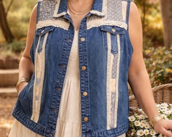 Plus Size 4xl Upcycled Quilted Vest, Handmade Patchwork Jean Jacket, Eco-sustainable Clothing, Unique Gift for Woman. Shabby Chic Denim