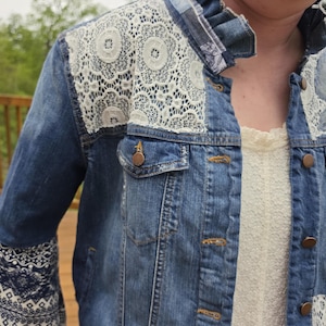 Upcycled Patchwork Denim Jacket, Women's US XL,  Lace Insert Jacket | Handmade Reworked Denim, Sustainable, Cottage Core, Boho Clothing,