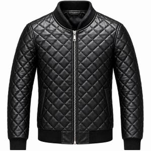 Men's Black Quilted Leather Jacket | Diamond Pattern Bomber Jacket | Genuine Zip-Up Ribbed Collar & Cuffs