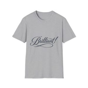 May include: A heather gray t-shirt with a crew neck and short sleeves. The word "Brilliant!" is printed across the front in a cursive, stylized font. The text is in a dark blue color.