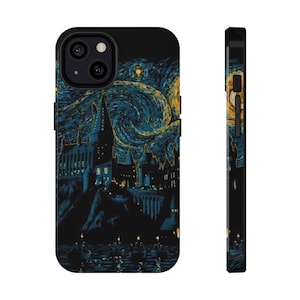 Könnte beinhalten: Schwarze Handyhülle mit einem Sternennacht-Design und einer Burgsilhouette in Blau, Gelb und Schwarz. Die Hülle hat eine glänzende Oberfläche und einen Schutzstoßfänger. Das Design erinnert an ein berühmtes Gemälde.