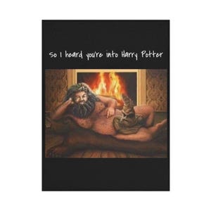 May include: A humorous image featuring a reclining figure with a long beard and a Sorting Hat. The text "So I heard you're into Harry Potter" is at the top. The background shows a fireplace with flames.