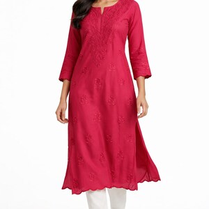 chikankari kurti women, hand embroidered kurta, 
Indian ethnic wear, Lucknowi chikankari,
rayon kurti magenta, boho Indian top, 
floral embroidery dress, South Asian fashion, 
plus size kurta