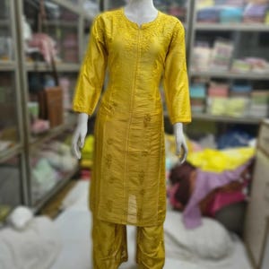 Etherea Couture - Handmade Pure Chanderi Palazzo Set, Indian Embroidered Chikankari Lucknowi Kurti and Pant set (Plus Sizes 42-52)
