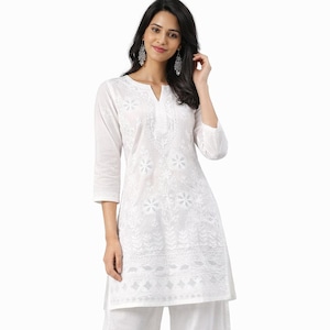 Hand Embroidered Ethnic Cotton White Tunic Top, Lucknowi Chikankari Cotton Kurti For Women, Boho Summerwear Indian Kurta (Tariff Free)