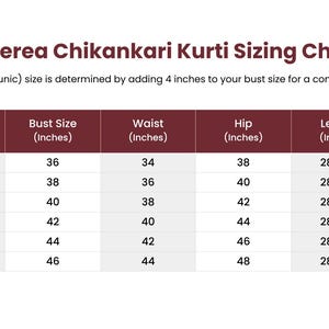 May include: Etherea Chikankari Kurti Sizing Chart with bust sizes from 36 to 46 inches, waist sizes from 34 to 44 inches, hip sizes from 38 to 48 inches, and lengths from 28 to 44 inches. Includes a sizing tip for a comfortable fit.