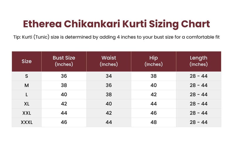 May include: Etherea Chikankari Kurti Sizing Chart with bust sizes from 36 to 46 inches, waist sizes from 34 to 44 inches, hip sizes from 38 to 48 inches, and lengths from 28 to 44 inches. Includes a sizing tip for a comfortable fit.