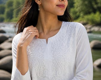 Etherea Couture - White Hand Embroidered Cotton Kurti for Women | Handmade Chikankari Aari Work Ethnic Tunic Top