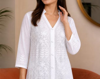 Etherea Couture - Handmade White Chikankari Cotton Kurti | Lucknowi Hand Embroidered Kurta for Women | Indian Tunic Top | Ethnic Wear