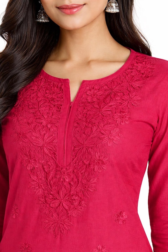 Hand Embroidered Magenta Chikankari Rayon Kurti for Women | Indian Ethnic Wear | Lucknowi Dress | Boho Indian Top | Plus Size Available