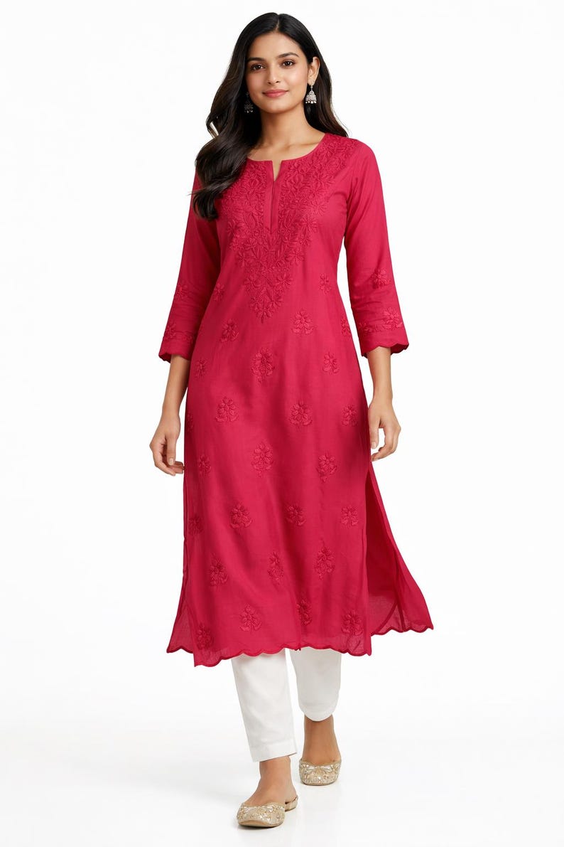 chikankari kurti women, hand embroidered kurta, 
Indian ethnic wear, Lucknowi chikankari,
rayon kurti magenta, boho Indian top, 
floral embroidery dress, South Asian fashion, 
plus size kurta