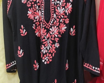 Etherea Couture - Black Chikankari Rayon Kurti, Hand Embroidered Floral Lucknowi Indian Tunic Women (Tariff Free)