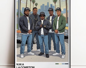 May include: A framed art print featuring a stylized illustration of the hip-hop group N.W.A. The image shows five men in jackets and jeans, with the text "N.W.A LA COMPTON" at the bottom. The background includes palm trees and a city skyline.