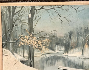 original framed oil painting on canvas, winter scene, signed Annette 1973 (27”x23”)