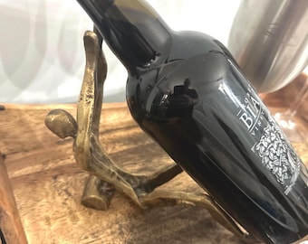 Signed brass modernist sculptural wine bottle display