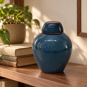 May include: A rounded ceramic jar with a glossy, deep blue glaze and a matching lid. The vessel features a wide, bulbous body that tapers toward the base and a smooth, reflective surface finish that catches the light, creating subtle variations in color.
