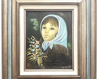 Oil Painting Crying Girl with Flowers, Framed Artwork (15.5”x17”)