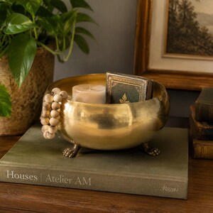 Vintage Brass Bowl W/Lion Feet, Hollywood regency Cache Pot, Brass Centerpiece