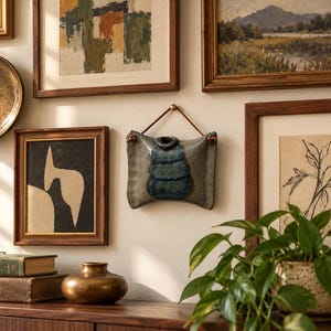 May include: A rectangular, gray ceramic wall pocket with a central blue, textured, tiered design. The piece features a small circular opening at the top and is suspended by a thin, brown leather cord attached to a small, round, gold-colored wall hook.