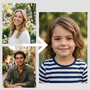 Puede incluir: Imagen compuesta con tres retratos. Una joven sonriente con una parte superior blanca, un hombre con una camisa verde y un niño con una camisa a rayas. Una flecha blanca apunta de los adultos al niño.