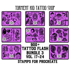 May include: A collection of nine digital art prints featuring tattoo flash designs in a variety of styles. The prints are displayed on a purple background with the text "Torment Kid Tattoo Shop" and "900+ Tattoo Flash Bundle 3 Vol. 17-24 Stamps for Procreate."