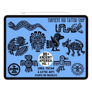 Puede incluir: Una tableta digital muestra ilustraciones en blanco y negro de arte americano antiguo, incluyendo aves, serpientes y diseños geométricos, sobre un fondo azul claro. El texto dice "TORMENT KID TATTOO SHOP" y "90+ ANCIENT AMERICA VOL. 1 (INCA, MAYAN & AZTEC ART) STAMPS FOR PROCREATE."