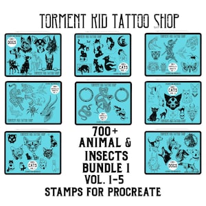 May include: A collection of digital stamps for Procreate featuring animal and insect designs. The image displays multiple panels with various animal illustrations, including dogs, cats, insects, and other creatures. Text on the image reads "700+ Animal & Insects Bundle 1 Vol. 1-5".
