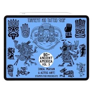 May include: A digital art collection displayed on a tablet, featuring black line art of ancient American designs. The text reads "TORMEMT KID TATTOO SHOP" and "90+ ANCIENT AMERICA VOL. 3 (INCA, MAYAN & AZTEC ART) STAMPS FOR PROCREATE". The background is light blue.