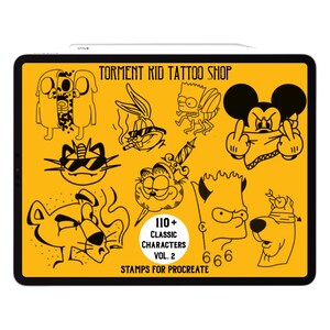 May include: A digital illustration on a tablet featuring black and white cartoon character stamps. The text reads "Torment Kid Tattoo Shop" and "110+ Classic Characters Vol. 2 Stamps for Procreate". The background is yellow.