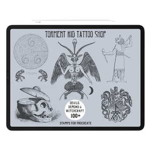 May include: A digital illustration on a tablet featuring various gothic and occult imagery. The design includes a Baphomet figure, a skull, and other demonic symbols. Text reads "Torment Kid Tattoo Shop" and "Devils, Demons & Witchcraft 100+ Stamps for Procreate."
