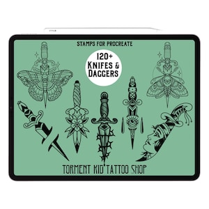 May include: A digital art display on a tablet shows a collection of knife and dagger stamps for Procreate. The text reads "STAMPS FOR PROCREATE" and "120+ KNIVES & DAGGERS". The bottom text says "TORMENT KID TATTOO SHOP". The designs are black and white.