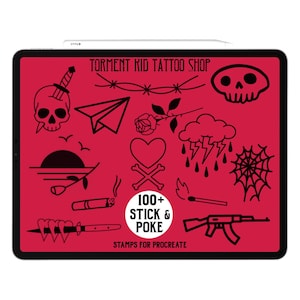 May include: A digital illustration on a tablet featuring black tattoo-style designs on a red background. Designs include skulls, a paper airplane, a rose, a heart, a spiderweb, and text that reads "Torment Kid Tattoo Shop" and "100+ Stick & Poke Stamps for Procreate."