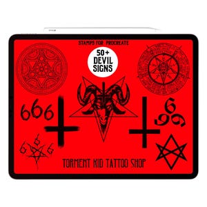May include: A digital tablet displays a red screen with black illustrations of devil signs and symbols. Text includes "STAMPS FOR PROCREATE", "50+ DEVIL SIGNS", and "TORMENT KID TATTOO SHOP". The image features pentagrams, inverted crosses, and the number 666.