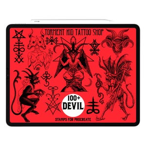 May include: A digital illustration on a tablet featuring black devil-themed tattoo designs on a red background. The text "TORMENT KID TATTOO SHOP" and "100+ DEVIL STAMPS FOR PROCREATE" are visible. The designs include various demonic figures and symbols.