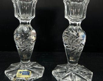 Lausitzer Crystal Candle Holders 24% Lead Crystal Hand Cut Pair Vintage 5.5”