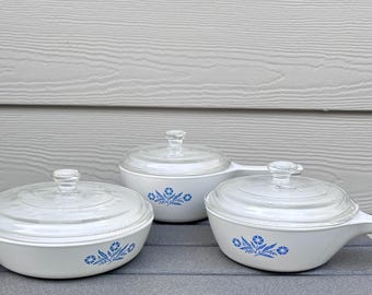 CorningWare Blue Cornflower Vintage Small Skillet Sauce Pan Set with Glass Lids  Set of 3 Stovetop Oven Safe