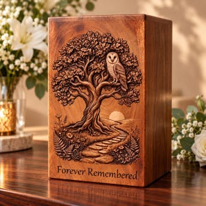Owl Tree of Life Human Ashes Urn, Personalized Memorial Box (Forever Remembered)