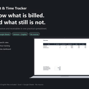 May include: A digital client and time tracker spreadsheet displayed on a laptop screen. The text reads Client & Time Tracker, Know what is billed. And what still is not. Features include client-specific rates, billable-hour tracking, and a dashboard.