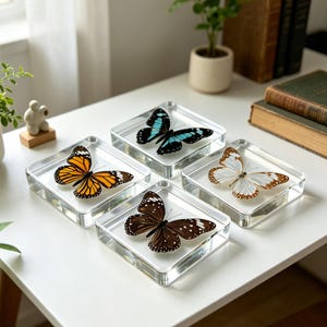 Puede incluir: Cuatro posavasos cuadrados de acrílico transparente, cada uno con una mariposa preservada. Las mariposas muestran varios colores, incluyendo naranja, negro, marrón, blanco y azul. Los posavasos están colocados sobre una superficie blanca.